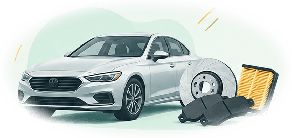 A car with a brake disc, brake pads and an air filter