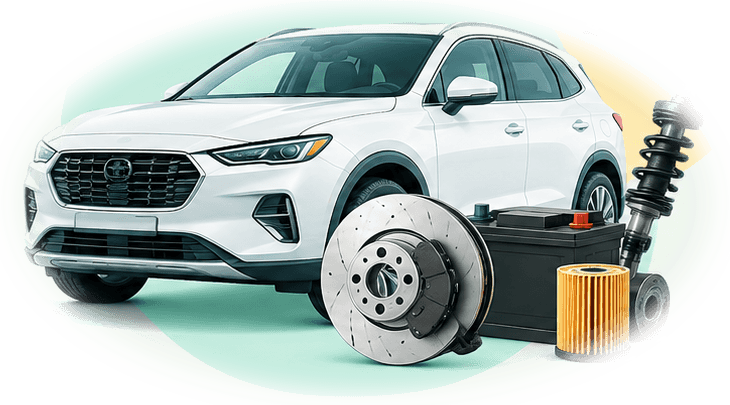 A white SUV with a brake disc, battery, oil filter and shock absorber